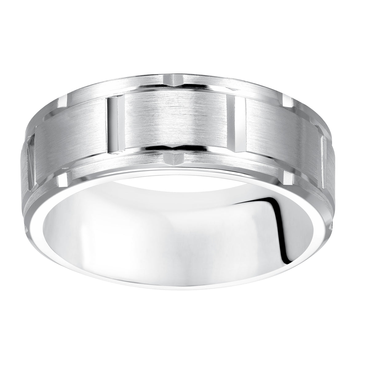 This modern, matrix-inspired wedding band features a Comfort Fit design complimented by a flat, satin finish, vertical cuts and a beveled edge for a refined yet rugged loook