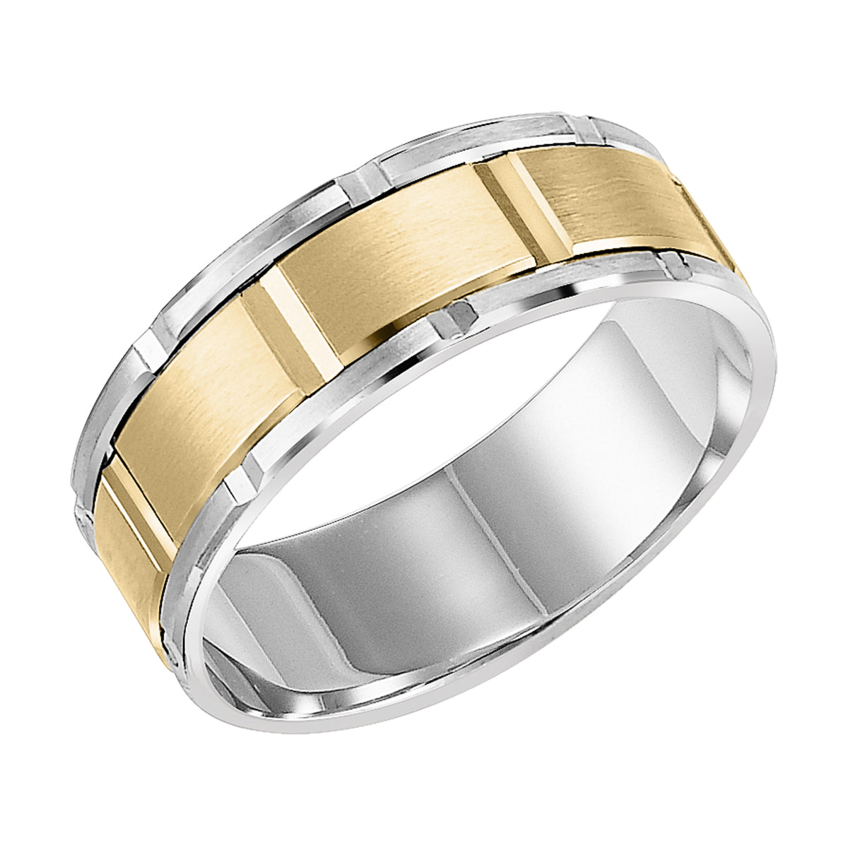 This modern, matrix-inspired wedding band features a Comfort Fit design complimented by a flat, satin finish, vertical cuts and a beveled edge for a refined yet rugged loook