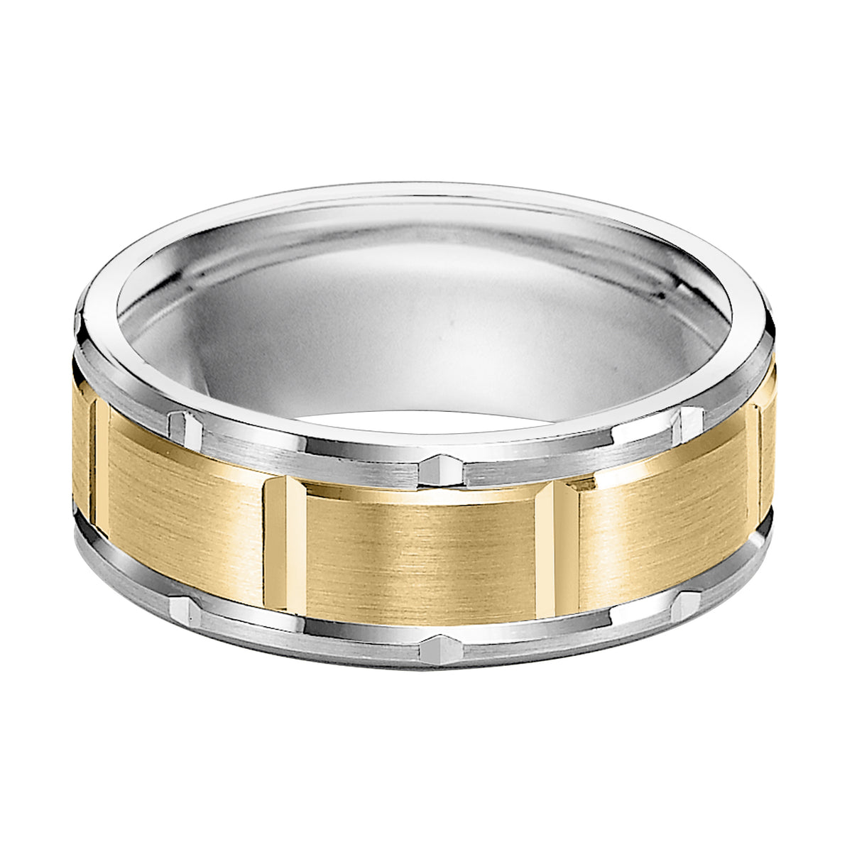 This modern, matrix-inspired wedding band features a Comfort Fit design complimented by a flat, satin finish, vertical cuts and a beveled edge for a refined yet rugged loook