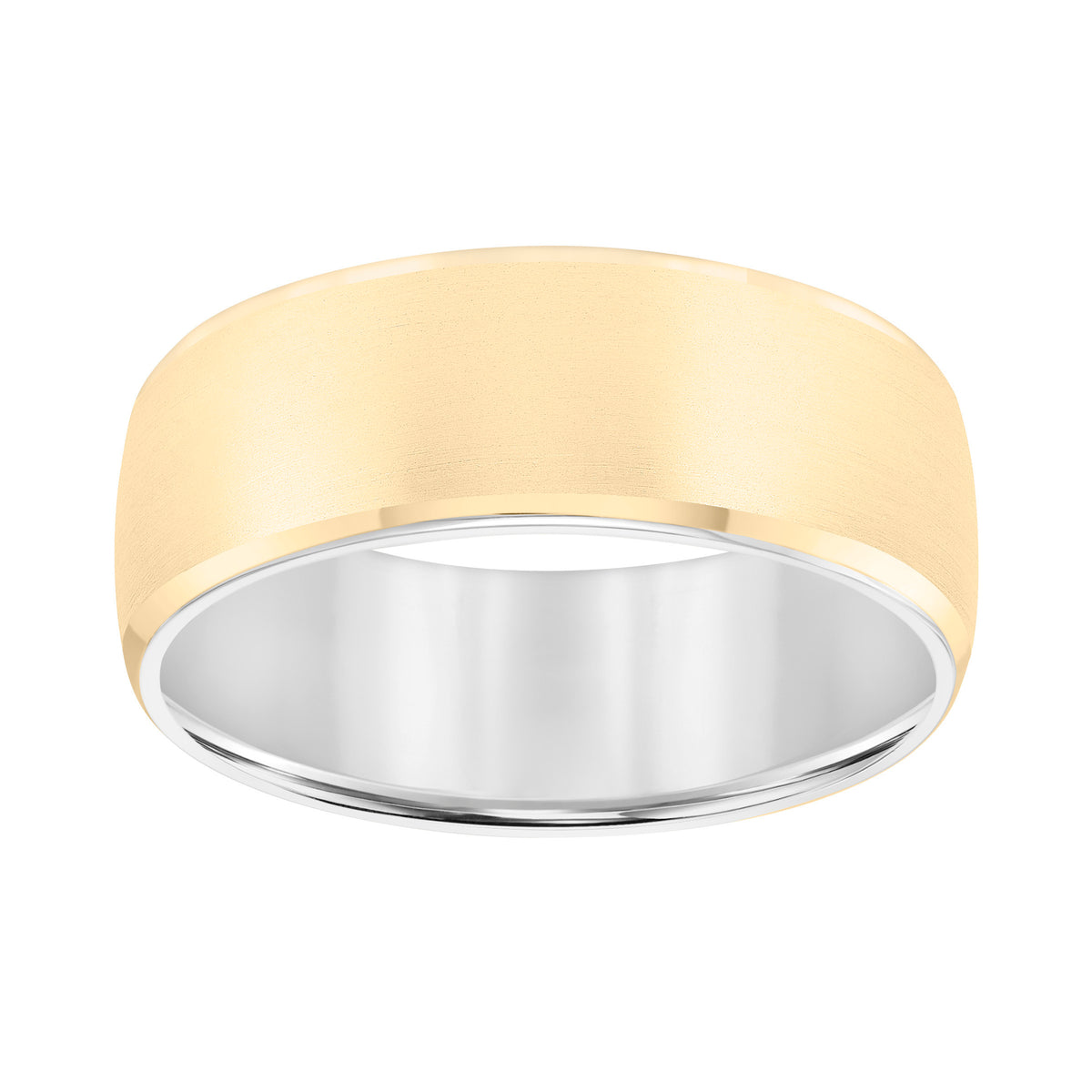 It is all in the details with this luxuriously designed two-tone gold, Comfort Fit wedding band featuring a satin finish with rolled edge