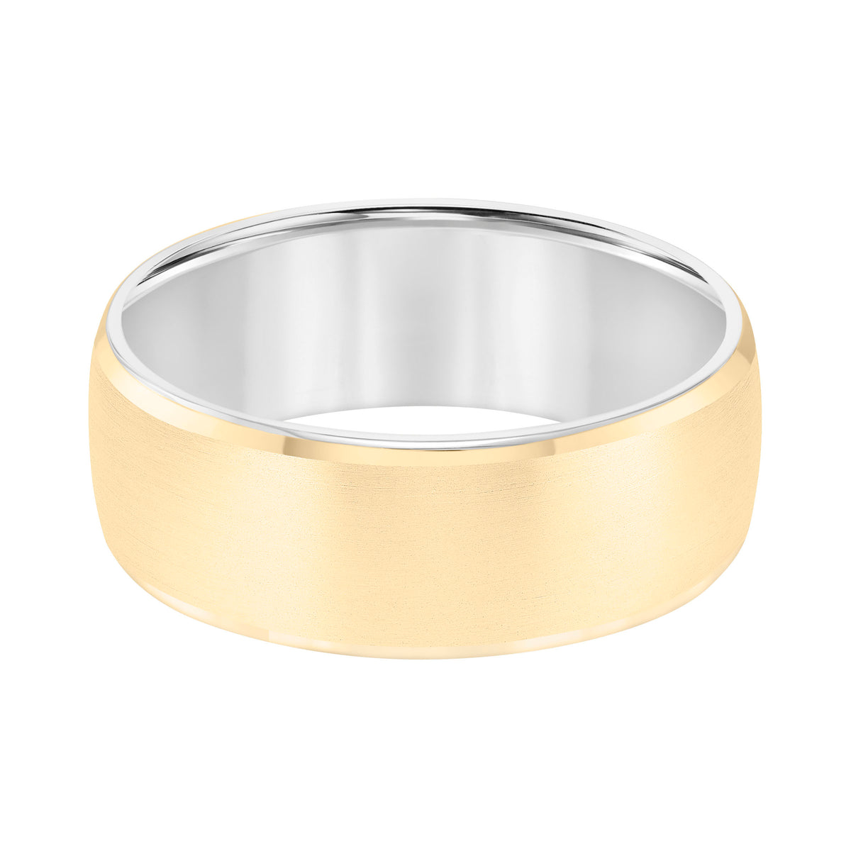 It is all in the details with this luxuriously designed two-tone gold, Comfort Fit wedding band featuring a satin finish with rolled edge