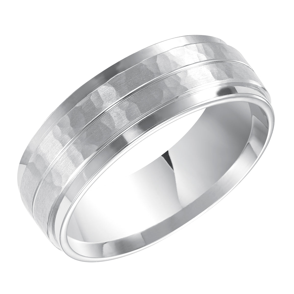 This striking Comfort Fit wedding band features a hammer and brushed finish and flat edge Please note hand hammered styles will have slight variations due to the nature of the manufacturing process