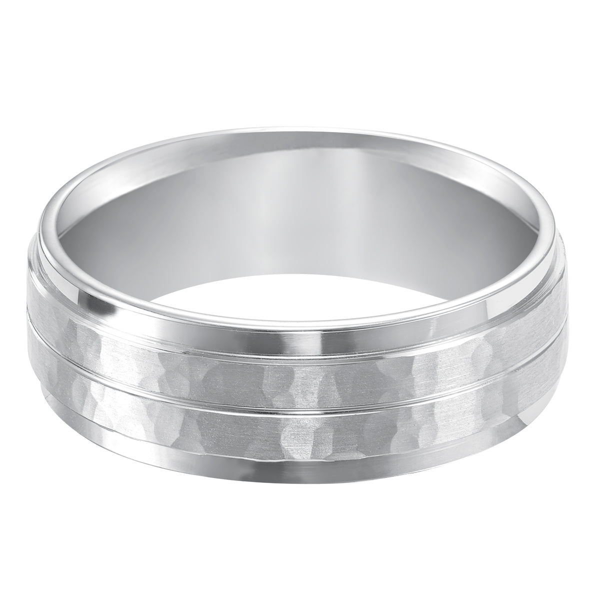 This striking Comfort Fit wedding band features a hammer and brushed finish and flat edge Please note hand hammered styles will have slight variations due to the nature of the manufacturing process