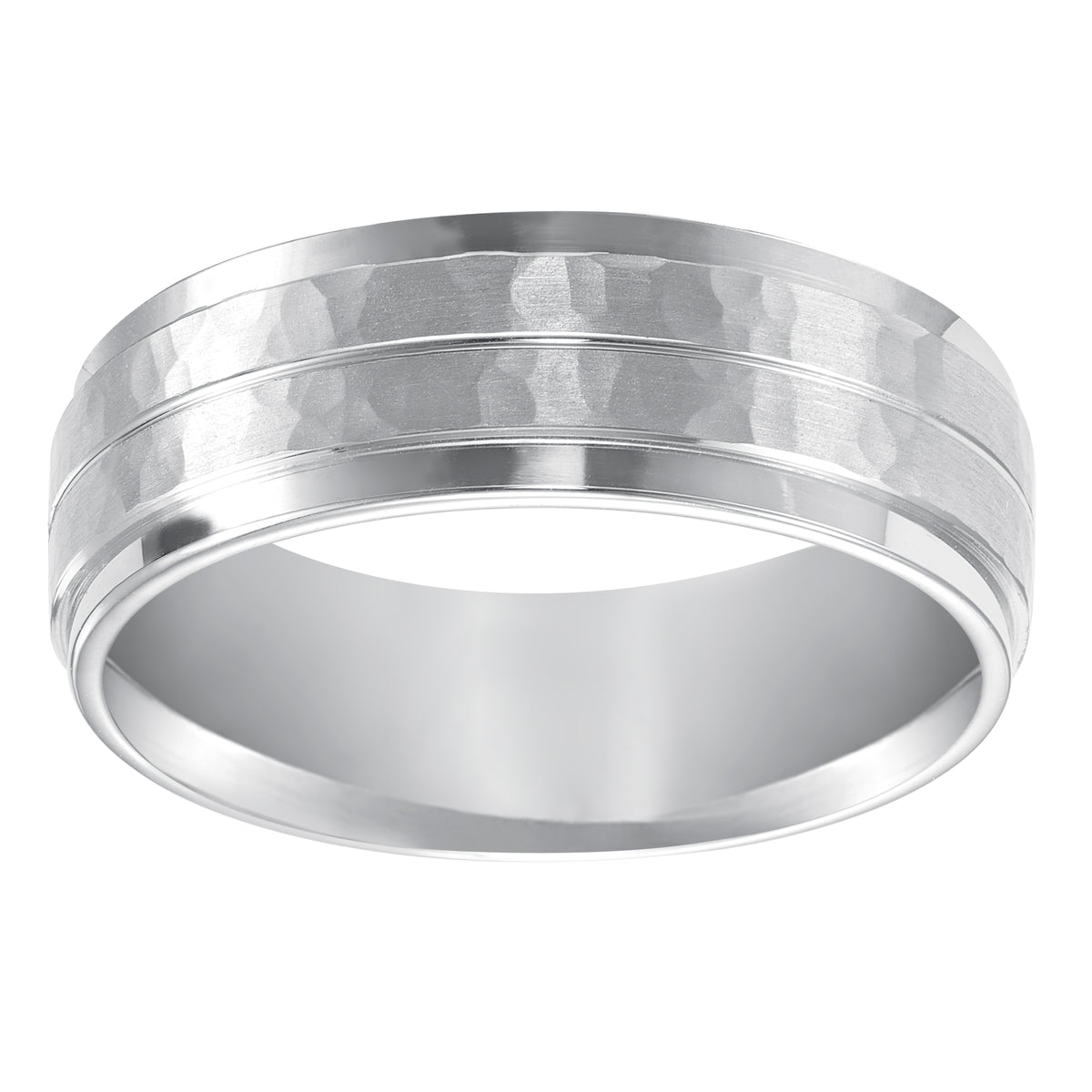 This striking Comfort Fit wedding band features a hammer and brushed finish and flat edge Please note hand hammered styles will have slight variations due to the nature of the manufacturing process