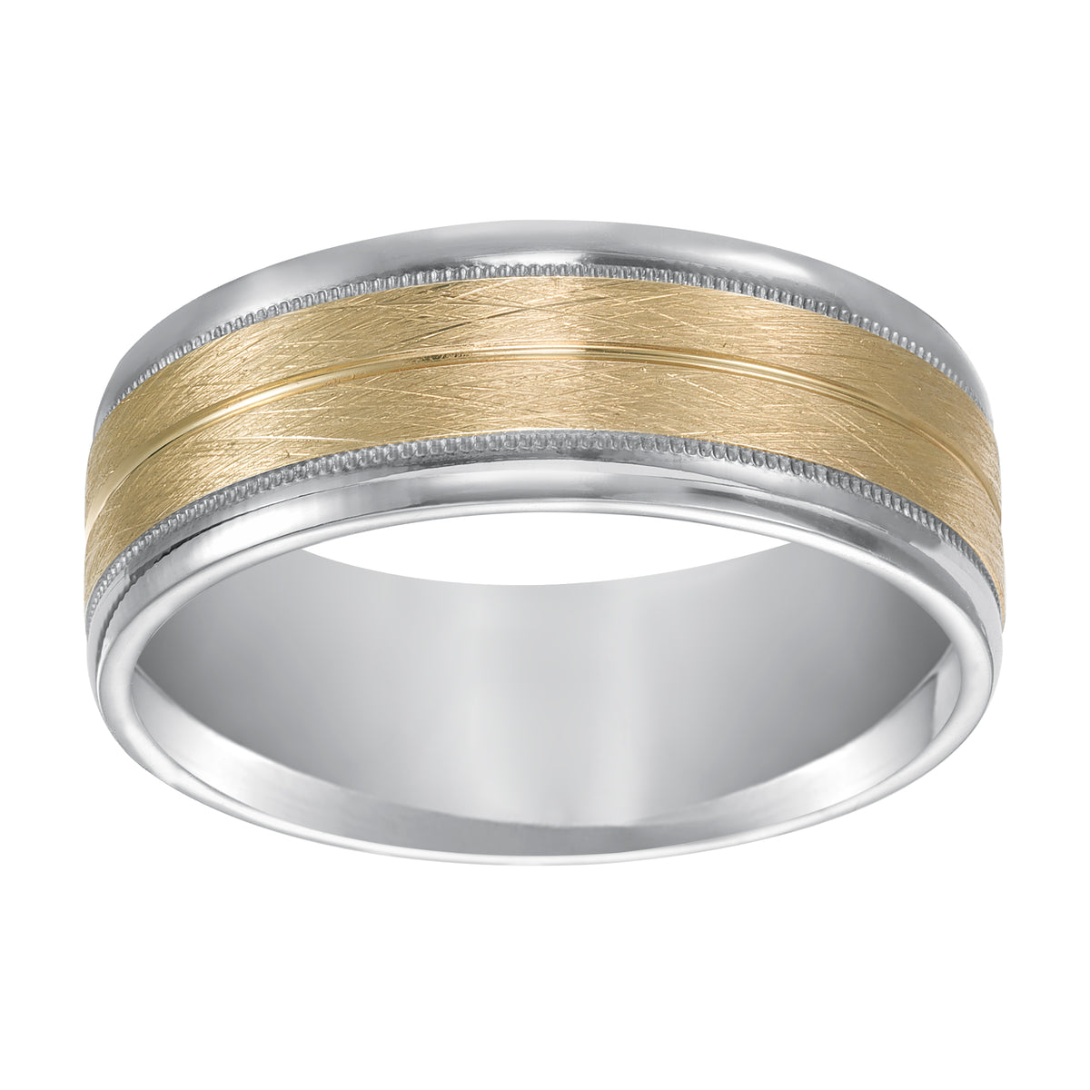 A modern interpretation of the traditional, two-tone gold wedding band featuring an innovative, flat, wired finish with milgrain and rounded edges