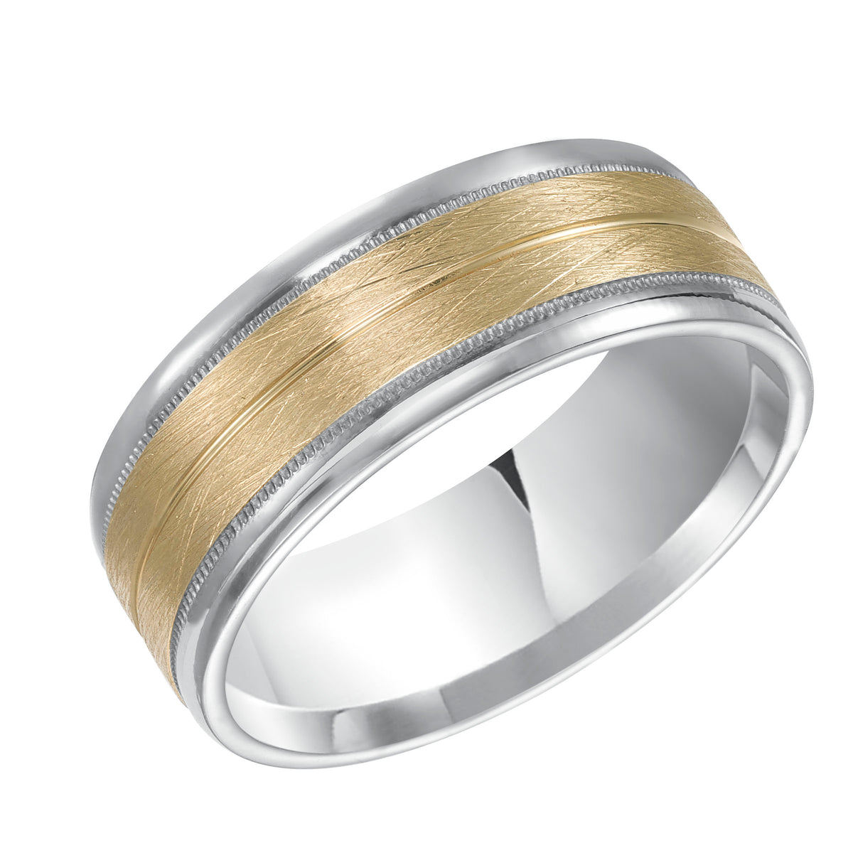 A modern interpretation of the traditional, two-tone gold wedding band featuring an innovative, flat, wired finish with milgrain and rounded edges