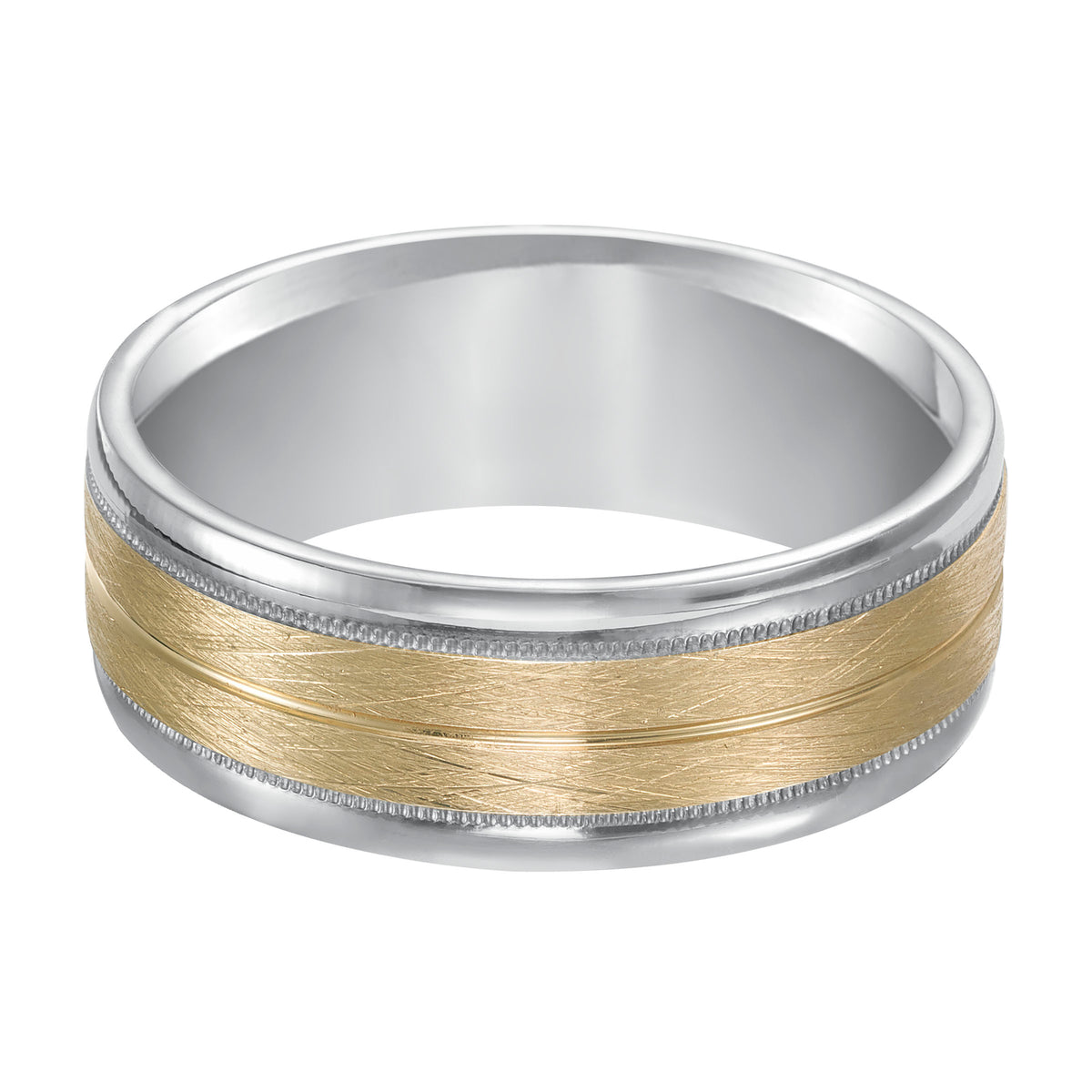 A modern interpretation of the traditional, two-tone gold wedding band featuring an innovative, flat, wired finish with milgrain and rounded edges