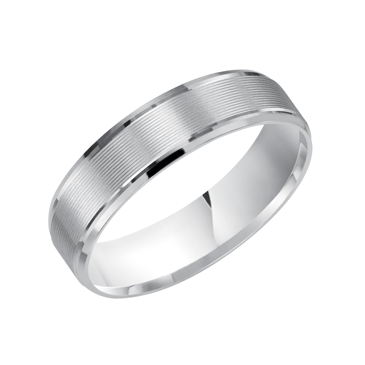 Modern meets timeless with this Comfort Fit, wedding band featuring a flat, serrated and brushed finish with beveled edge