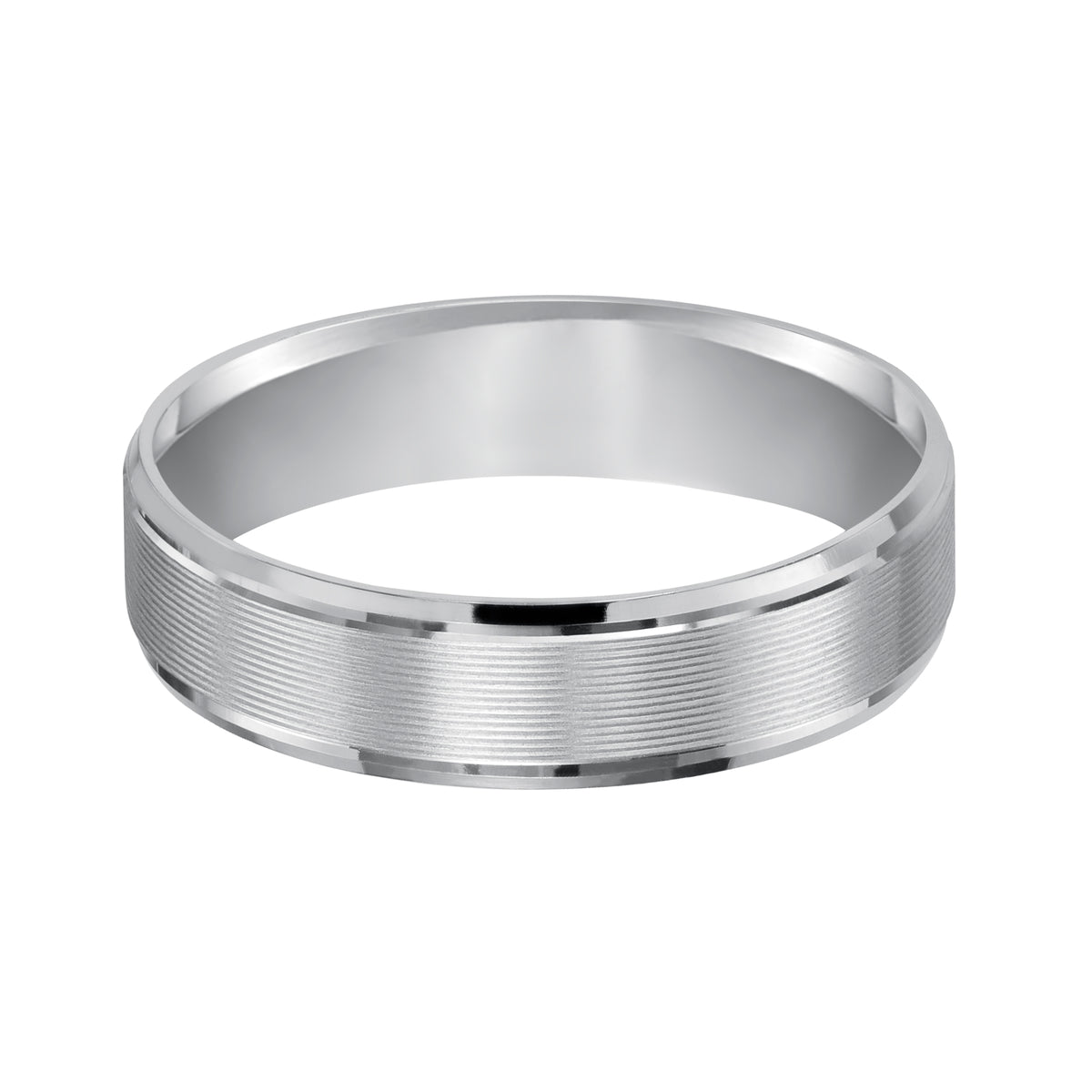 Modern meets timeless with this Comfort Fit, wedding band featuring a flat, serrated and brushed finish with beveled edge