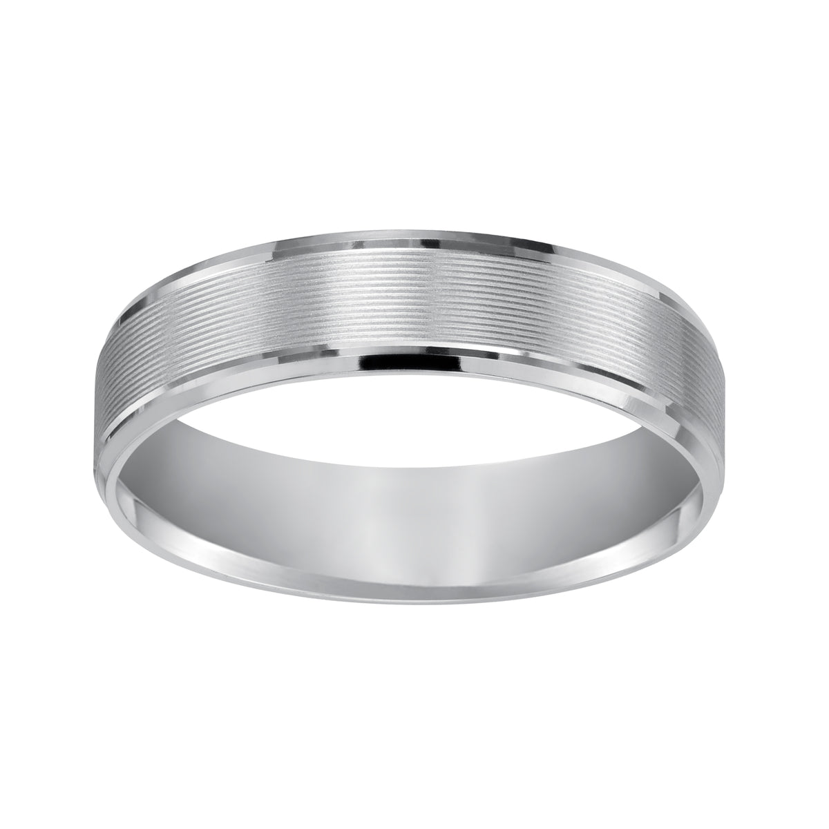 Modern meets timeless with this Comfort Fit, wedding band featuring a flat, serrated and brushed finish with beveled edge