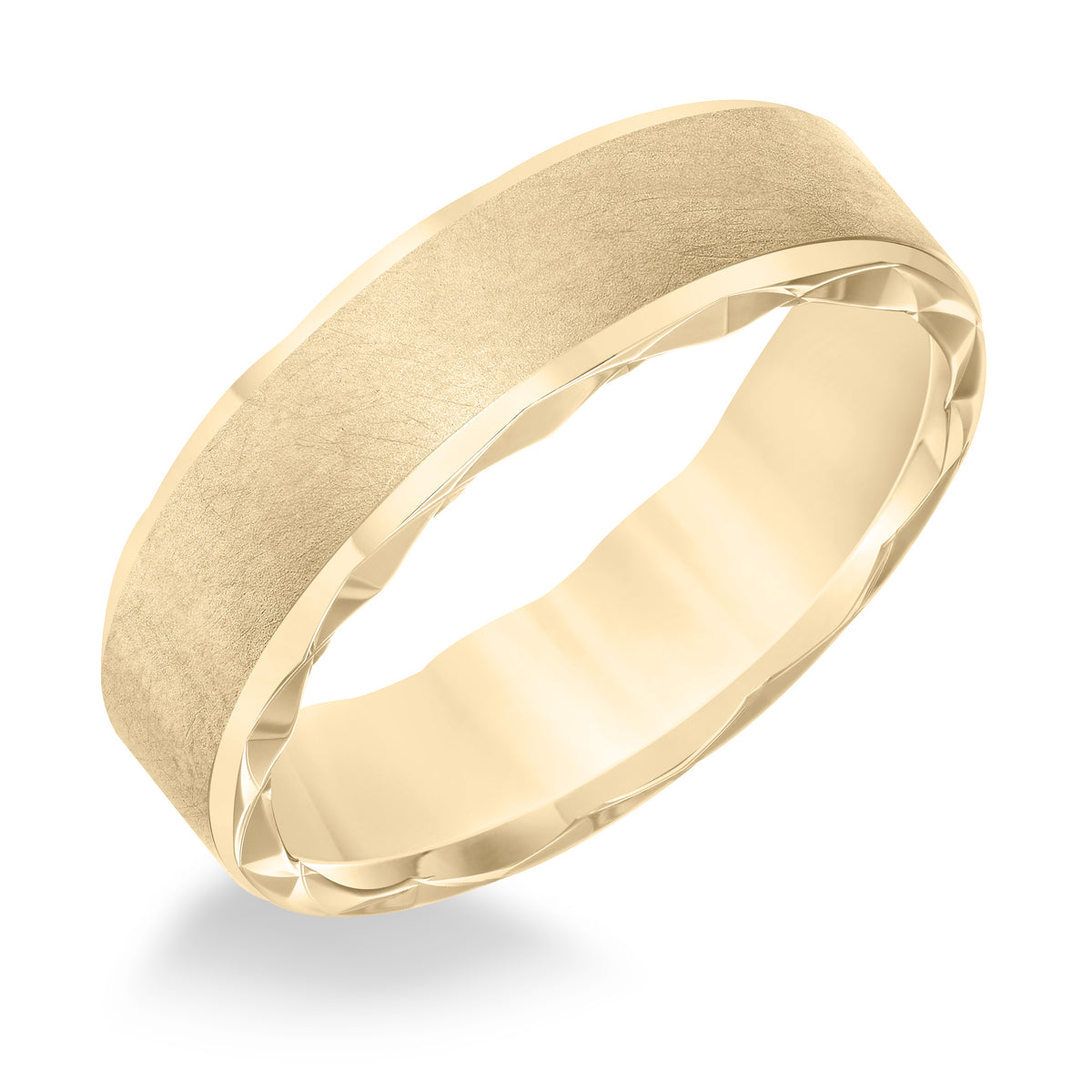 Men's wedding band with ultra satin finish bevel edge, side swiss cuts treatment and flat profile.