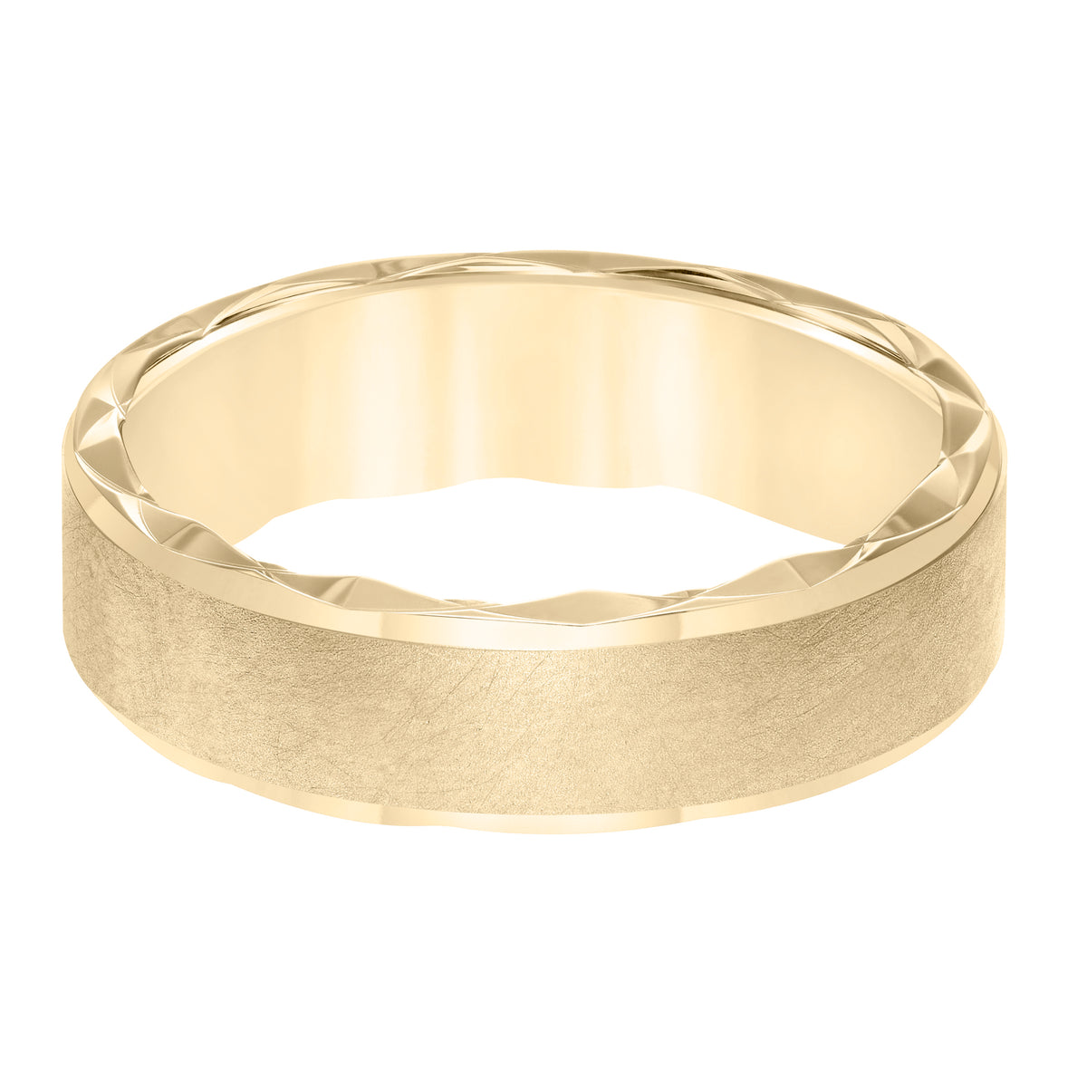 Men's wedding band with ultra satin finish bevel edge, side swiss cuts treatment and flat profile.
