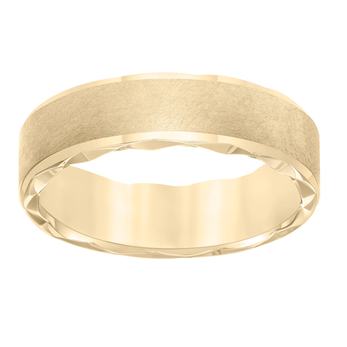 Men's wedding band with ultra satin finish bevel edge, side swiss cuts treatment and flat profile.