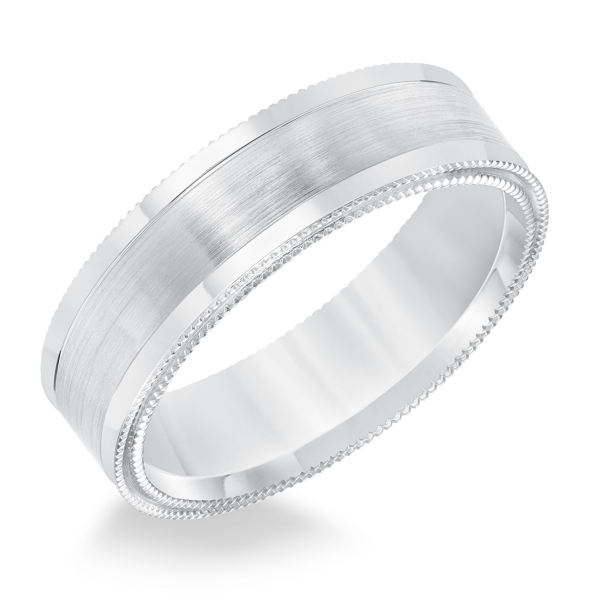 Men's wedding band with satin finish with flat edge, double milgrain side treatment and flat profile.
