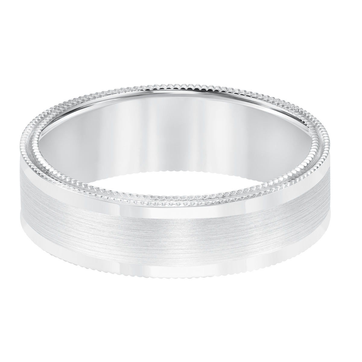 Men's wedding band with satin finish with flat edge, double milgrain side treatment and flat profile.