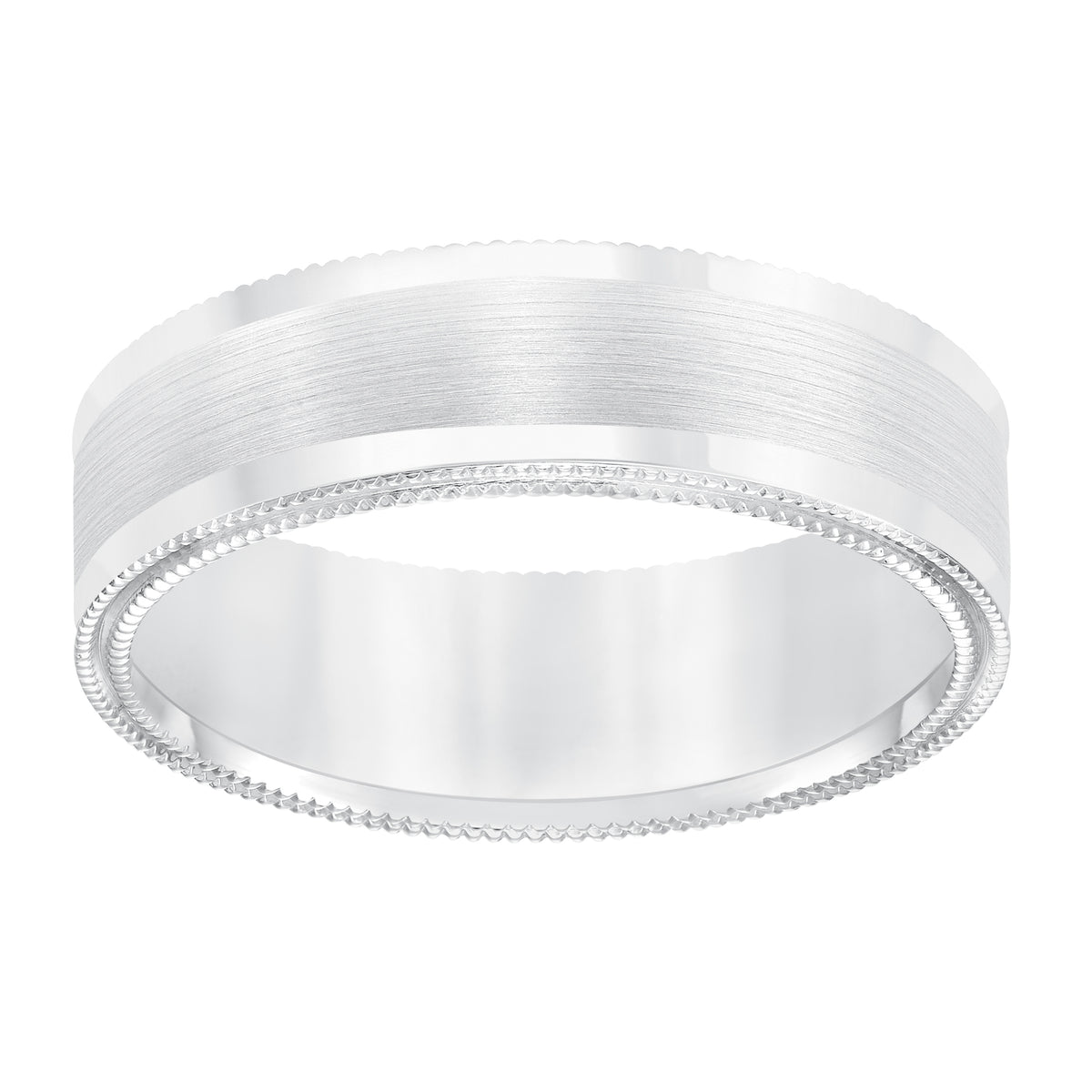 Men's wedding band with satin finish with flat edge, double milgrain side treatment and flat profile.