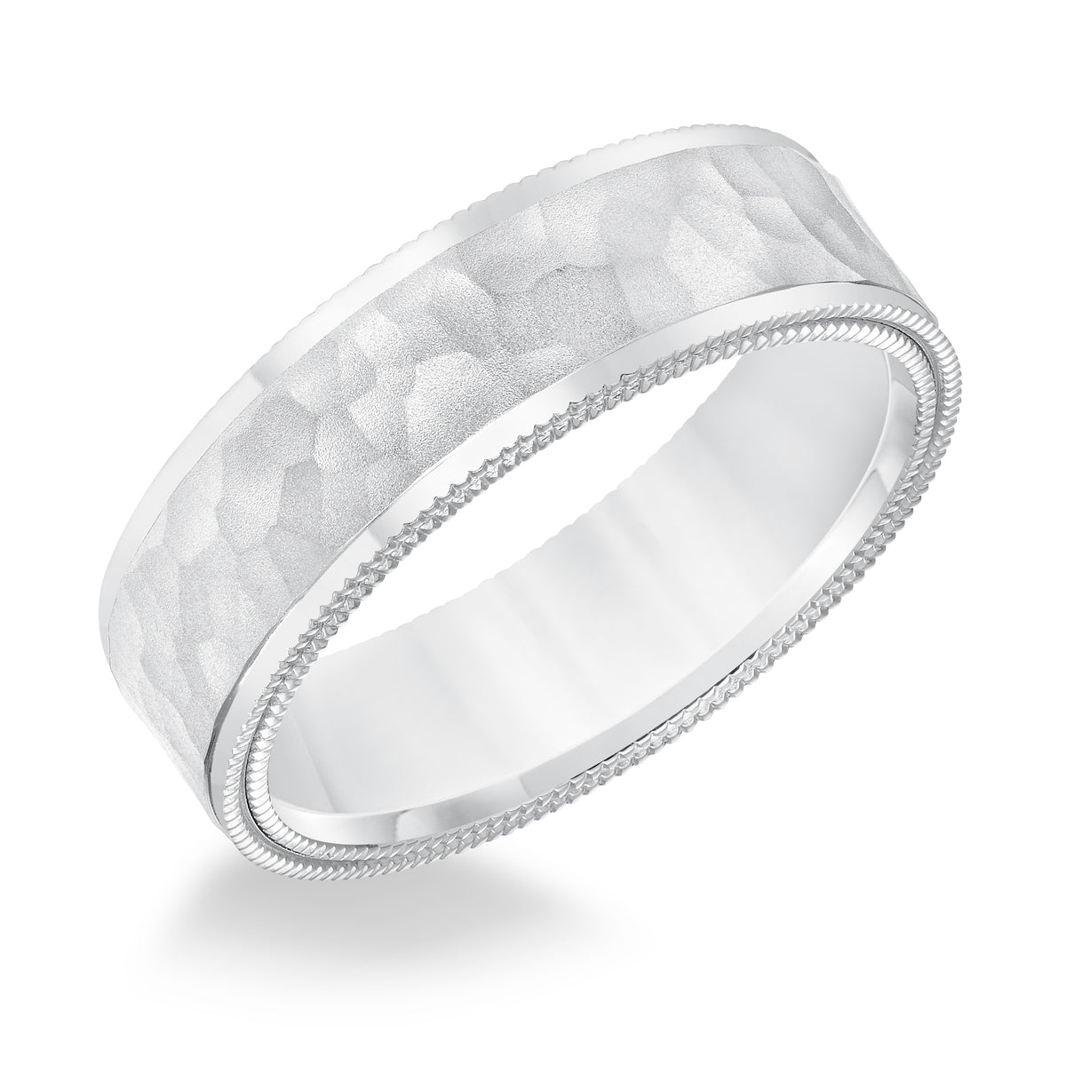 Mens wedding band with hammer finish with flat edge double milgrain side treatment and flat profile Please note hand hammered styles will have slight variations due to the nature of the manufacturing process