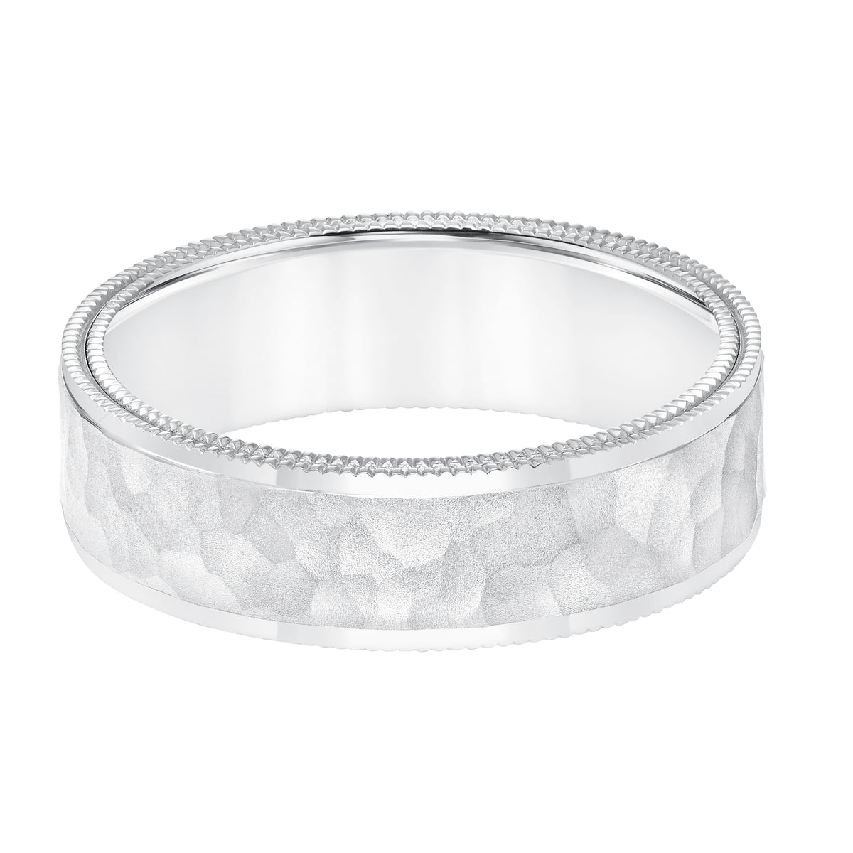 Mens wedding band with hammer finish with flat edge double milgrain side treatment and flat profile Please note hand hammered styles will have slight variations due to the nature of the manufacturing process