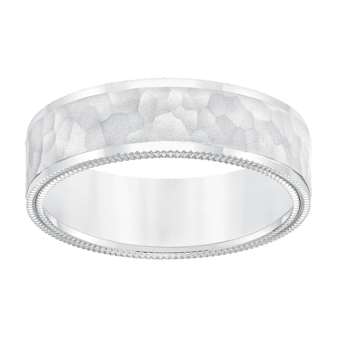 Mens wedding band with hammer finish with flat edge double milgrain side treatment and flat profile Please note hand hammered styles will have slight variations due to the nature of the manufacturing process