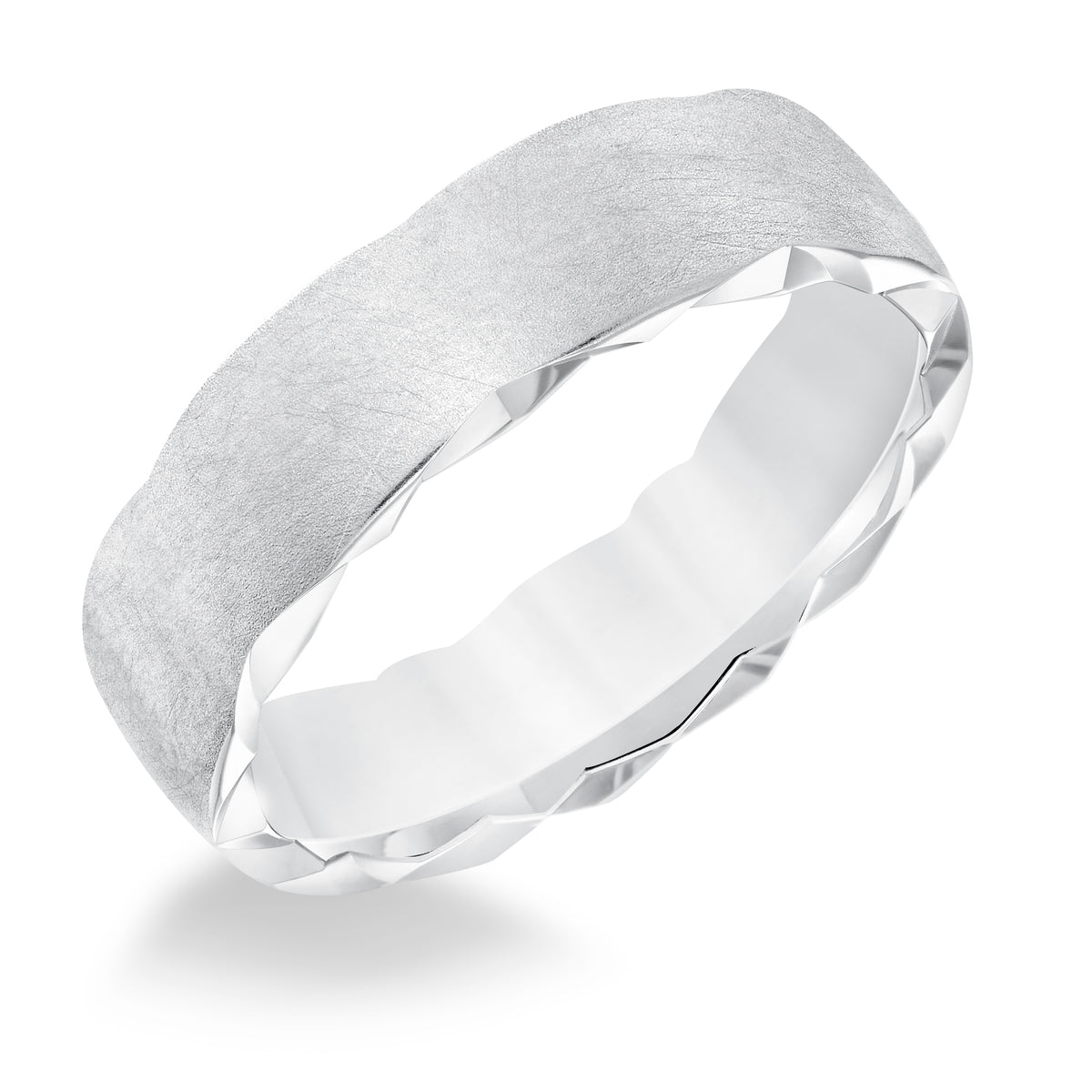 Men's wedding band with ultra satin finish, side swiss cuts treatment and low dome profile.