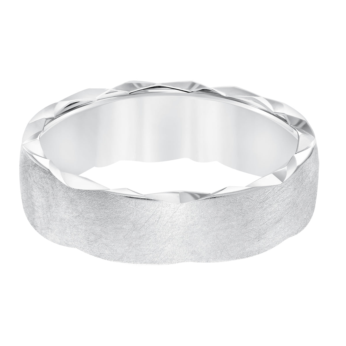 Men's wedding band with ultra satin finish, side swiss cuts treatment and low dome profile.
