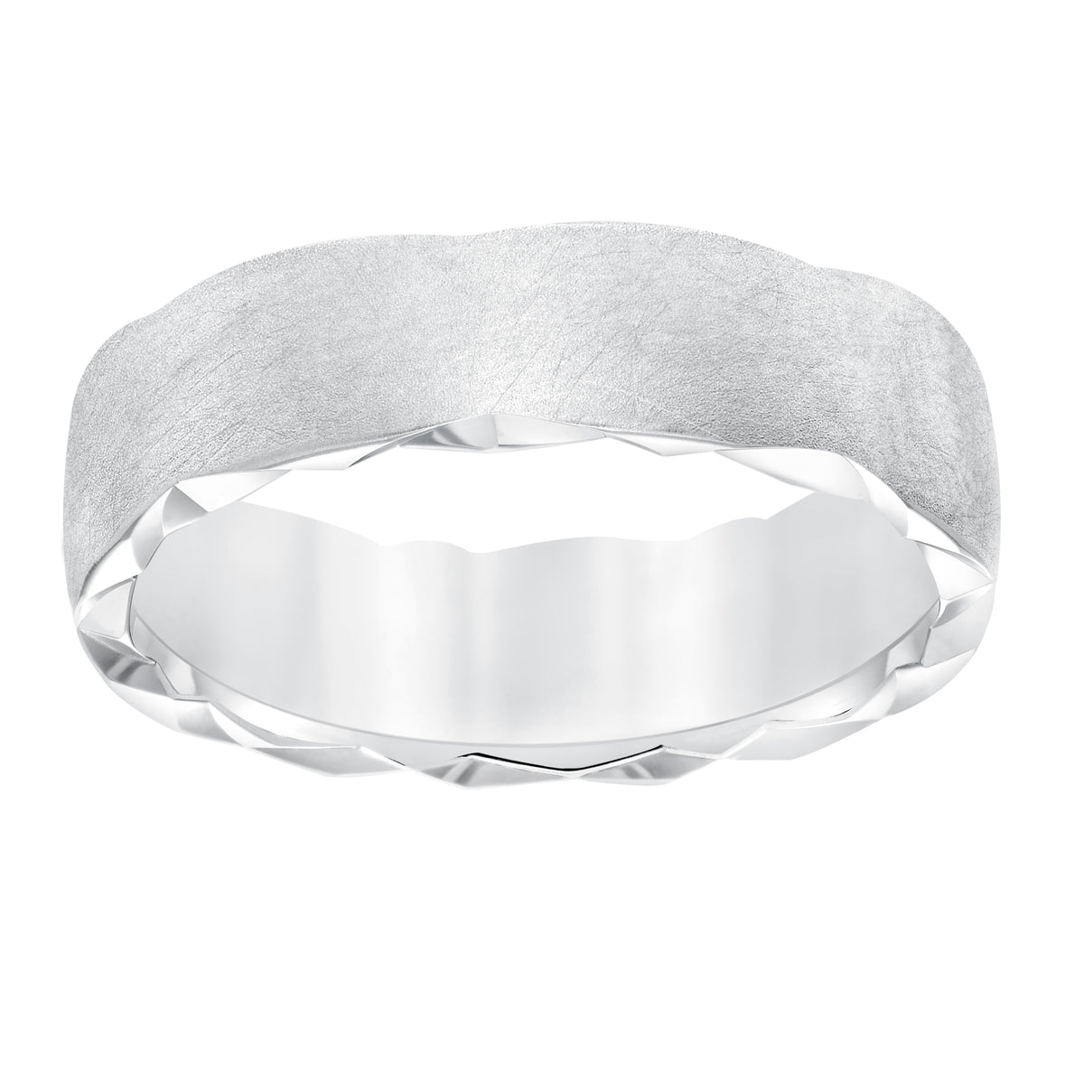 Men's wedding band with ultra satin finish, side swiss cuts treatment and low dome profile.