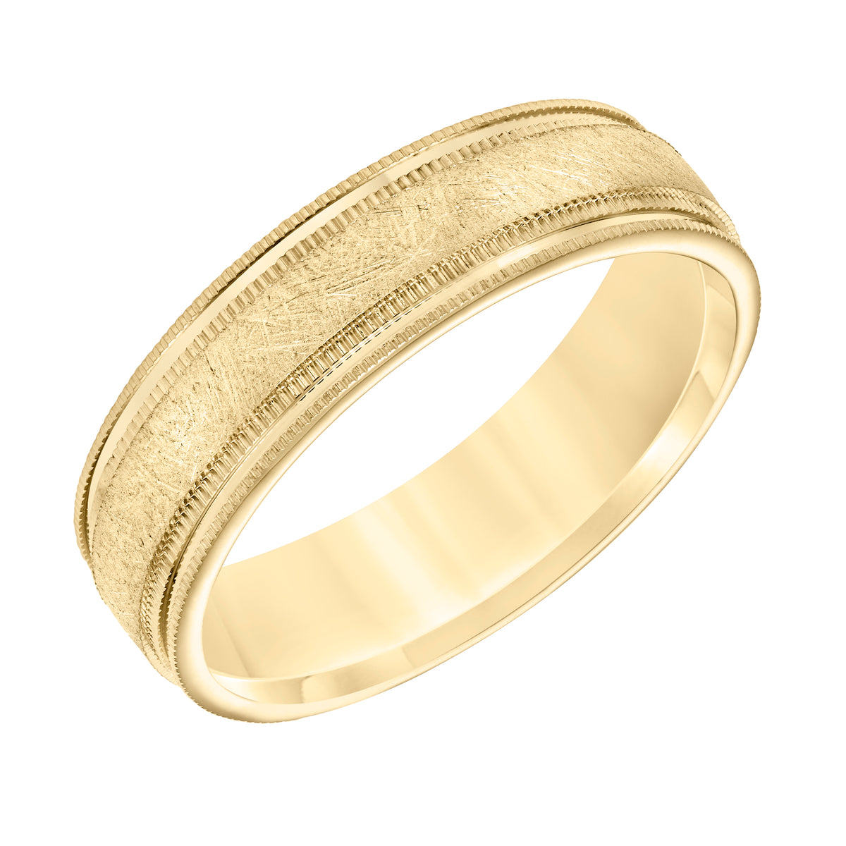 6MM Comfort Fit Wedding Band with Crystalline Brush Finish, Spin Lines and Coin Edges