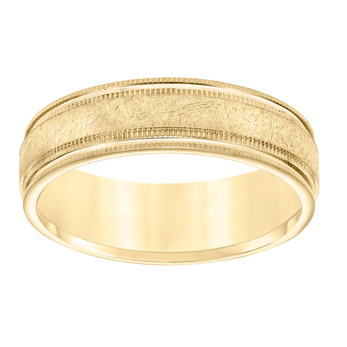 6MM Comfort Fit Wedding Band with Crystalline Brush Finish, Spin Lines and Coin Edges