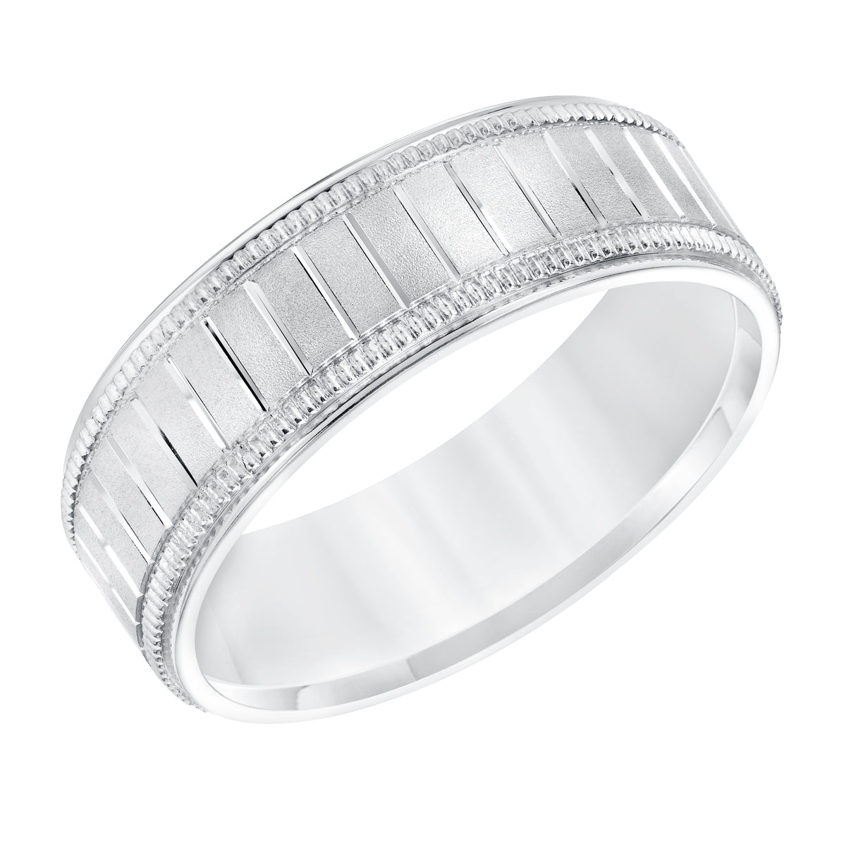 7MM Comfort Fit Wedding Band with Flat Profile, Horizontal Cuts and Milgrain Accent with Round Edges