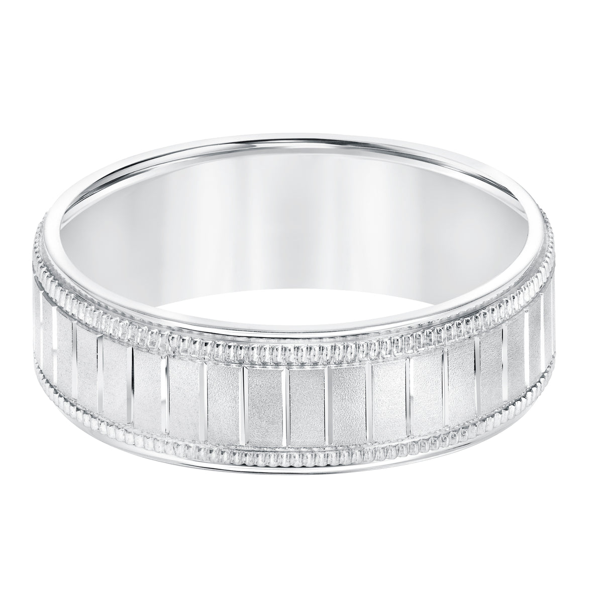 7MM Comfort Fit Wedding Band with Flat Profile, Horizontal Cuts and Milgrain Accent with Round Edges