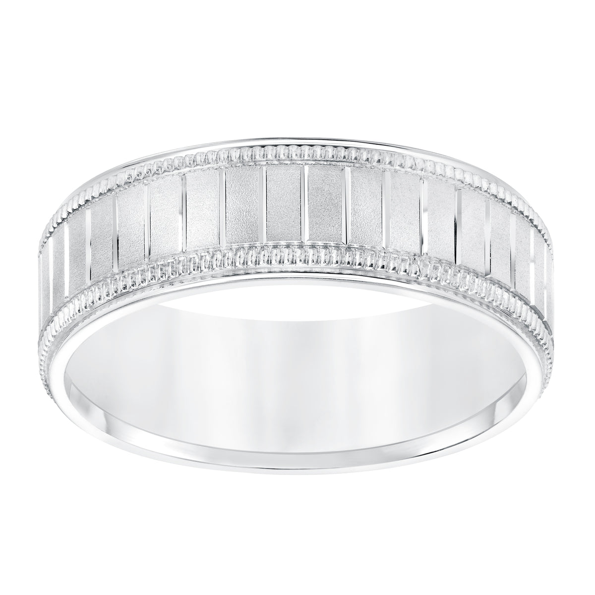 7MM Comfort Fit Wedding Band with Flat Profile, Horizontal Cuts and Milgrain Accent with Round Edges