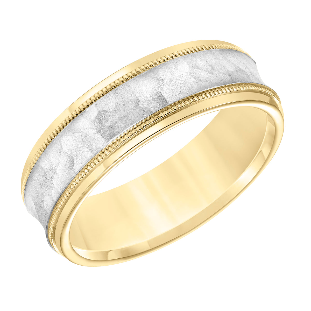 7MM Comfort Fit Wedding Band with Hammer Finish and Milgrain Accent with Flat Edges Please note hand hammered styles will have slight variations due to the nature of the manufacturing process