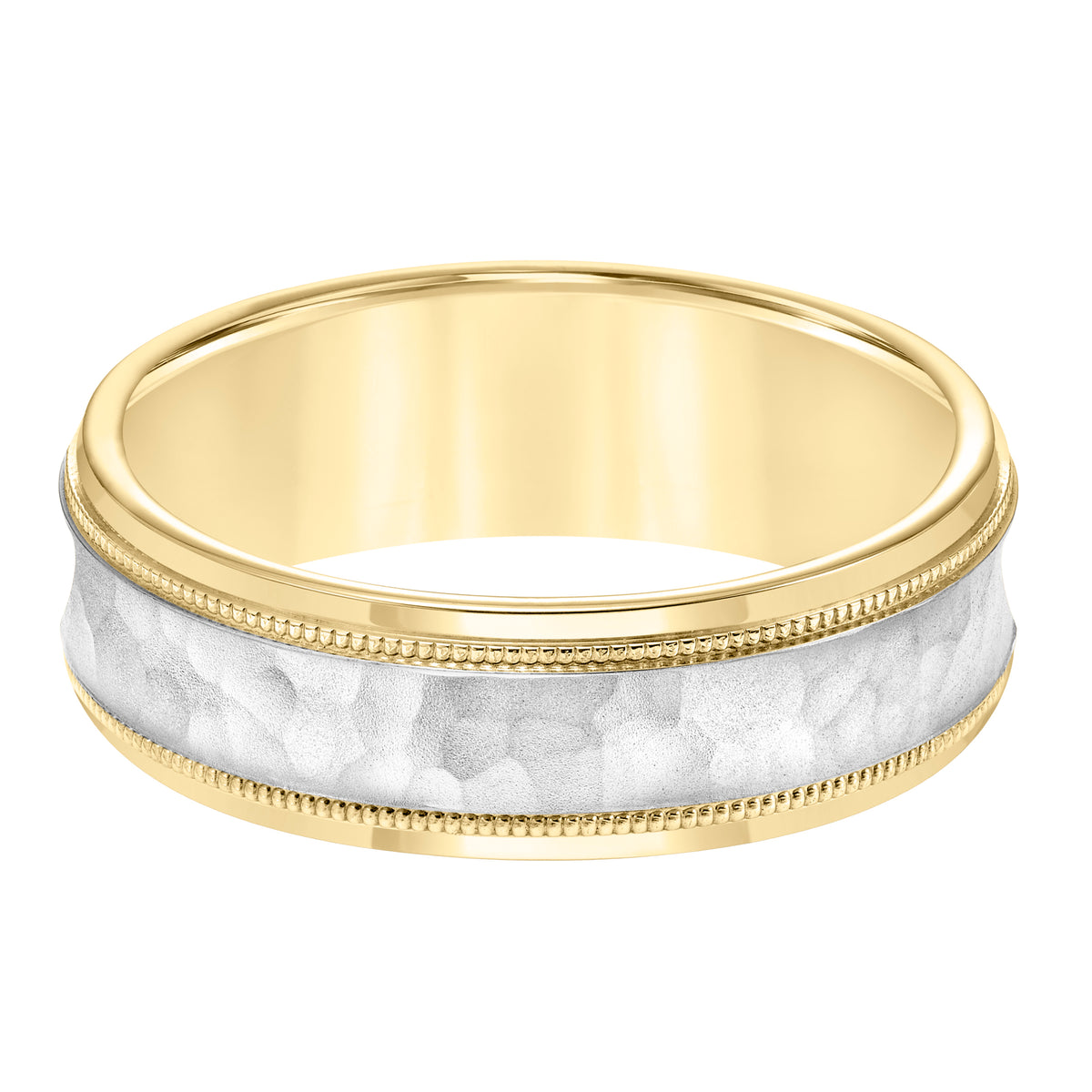 7MM Comfort Fit Wedding Band with Hammer Finish and Milgrain Accent with Flat Edges Please note hand hammered styles will have slight variations due to the nature of the manufacturing process