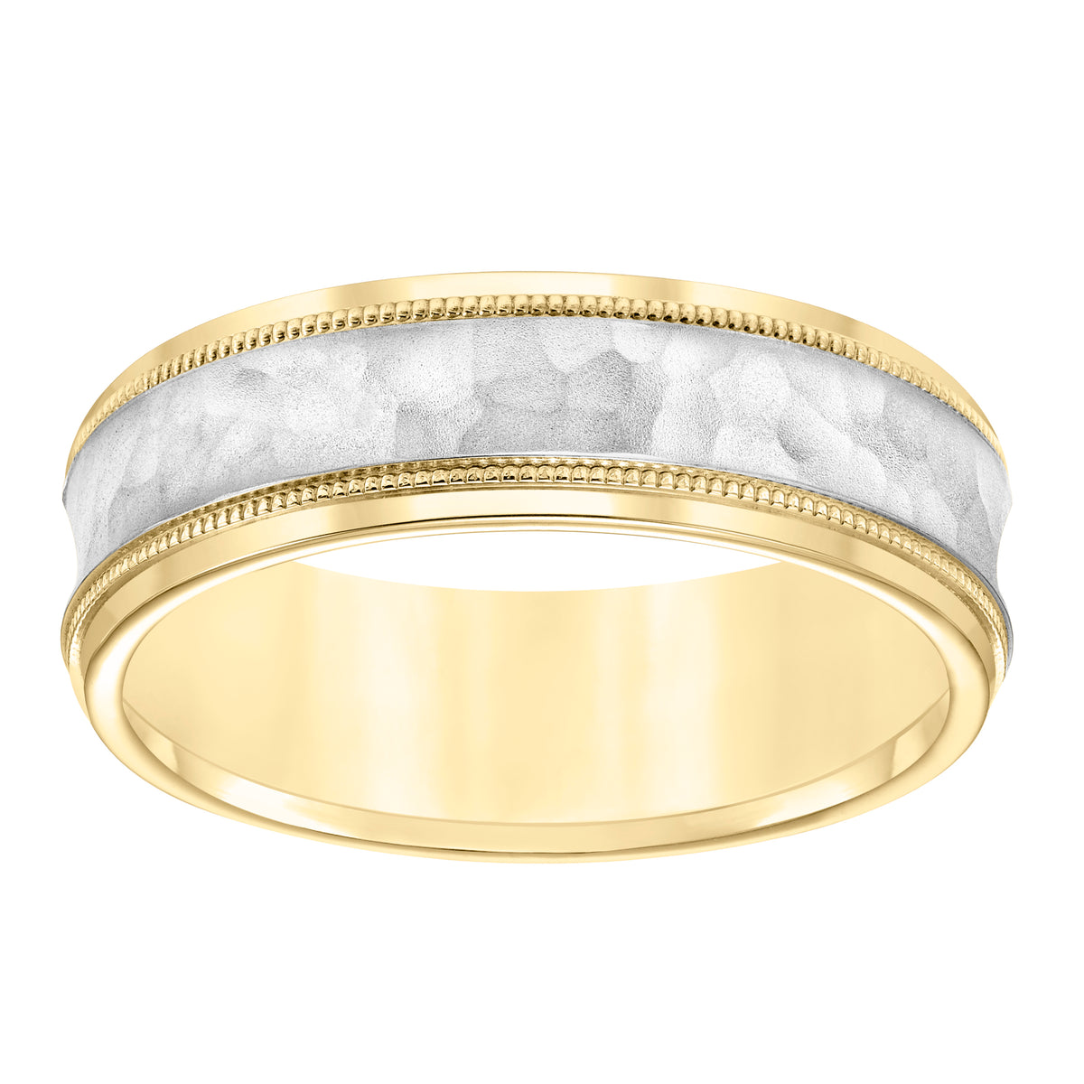 7MM Comfort Fit Wedding Band with Hammer Finish and Milgrain Accent with Flat Edges Please note hand hammered styles will have slight variations due to the nature of the manufacturing process