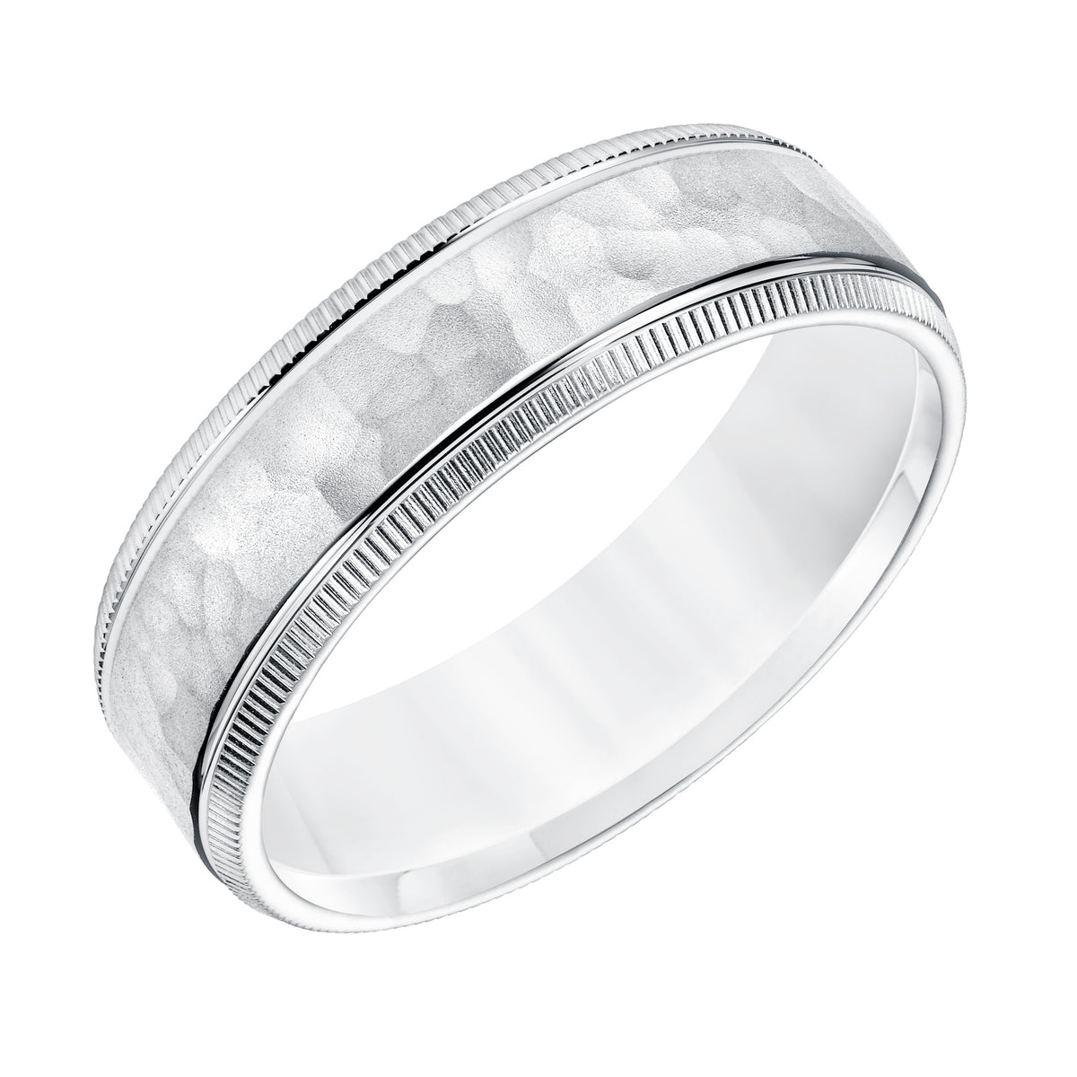 6.5MM Comfort Fit Wedding Band with Hammer, Brush Finish, Spin Lines and Coin Edge