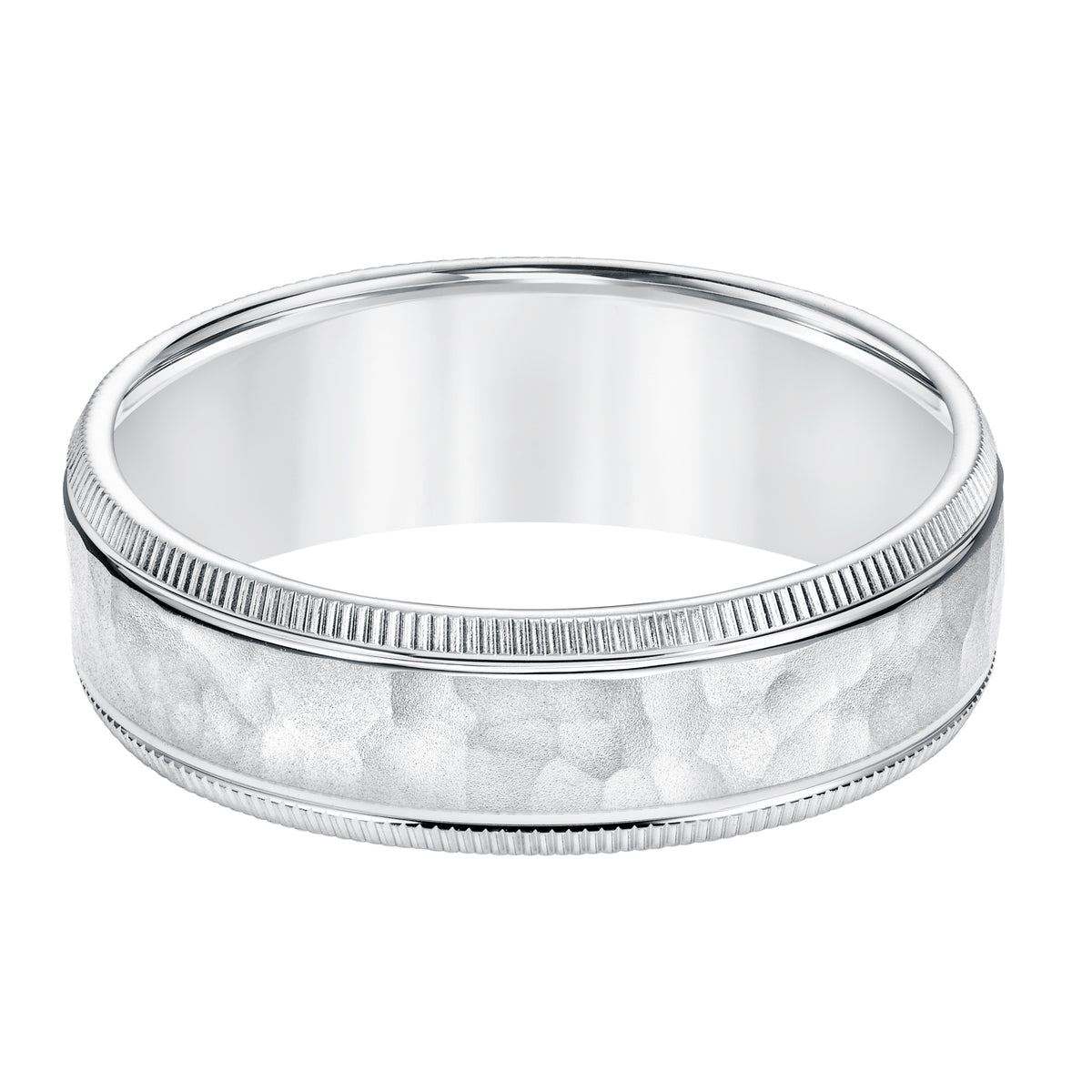 6.5MM Comfort Fit Wedding Band with Hammer, Brush Finish, Spin Lines and Coin Edge