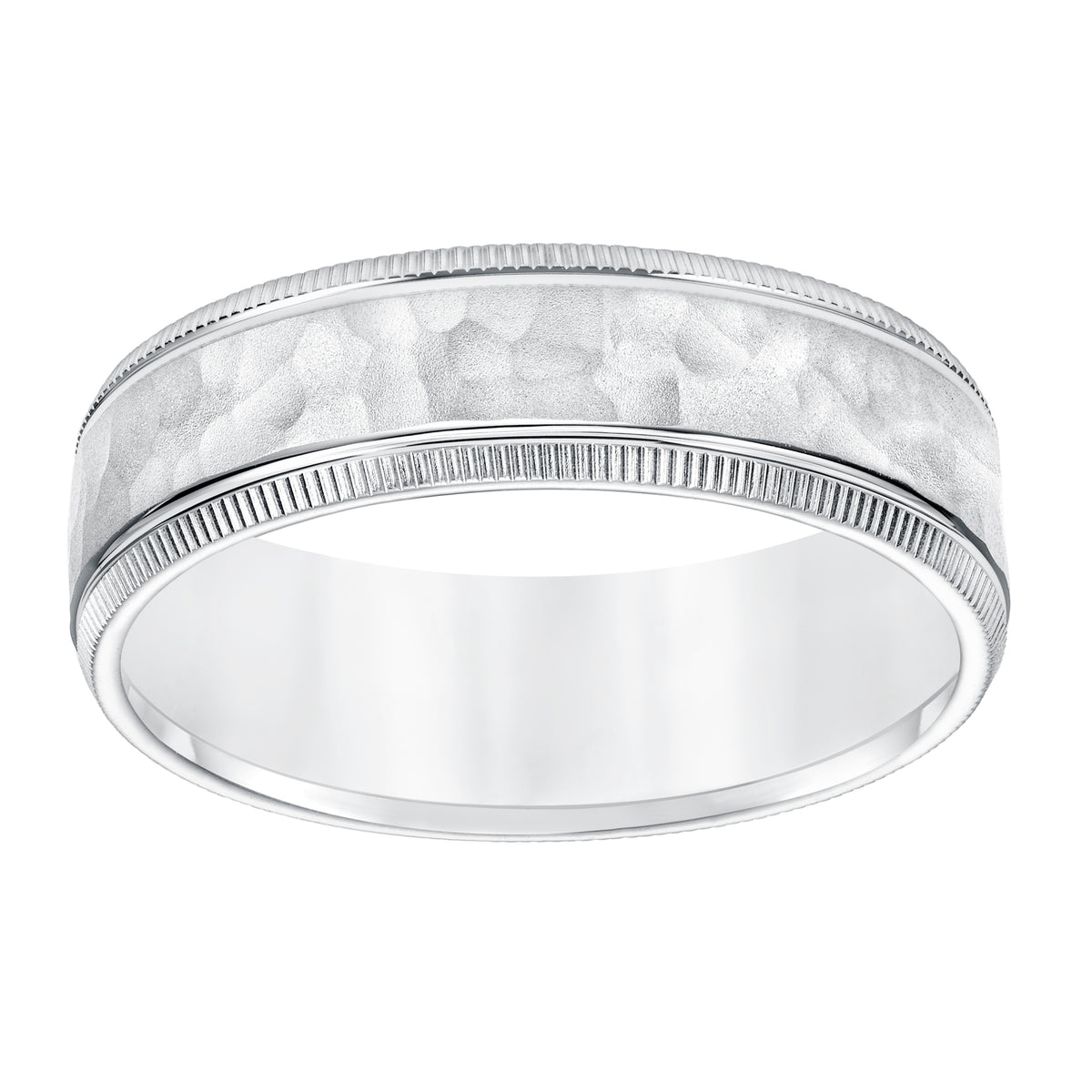 6.5MM Comfort Fit Wedding Band with Hammer, Brush Finish, Spin Lines and Coin Edge