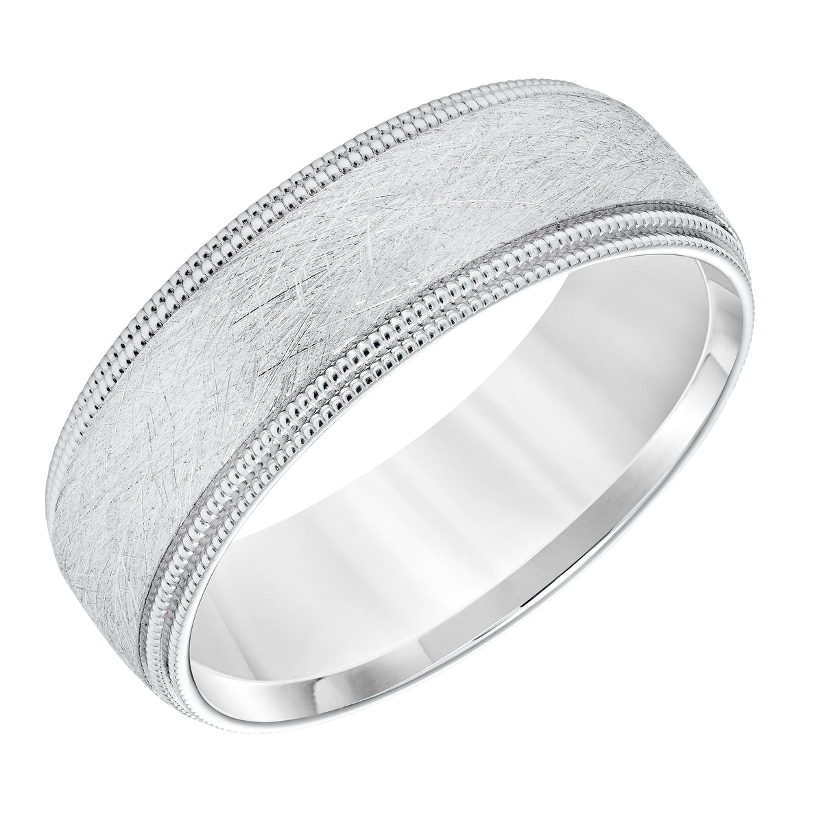 7MM Wedding Band with Crystalline Finish, Double Edge Milgrain and Dome Profile