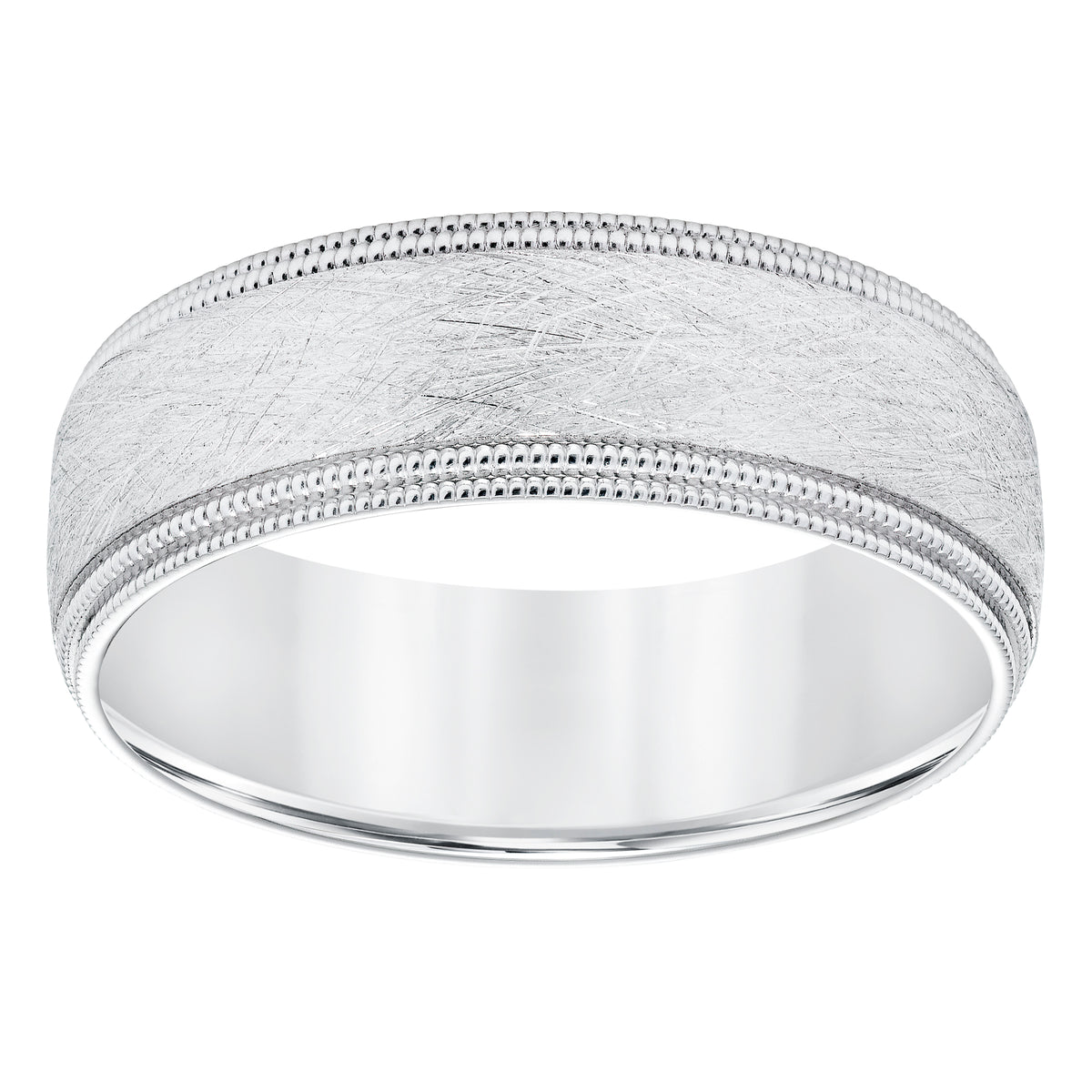 7MM Wedding Band with Crystalline Finish, Double Edge Milgrain and Dome Profile