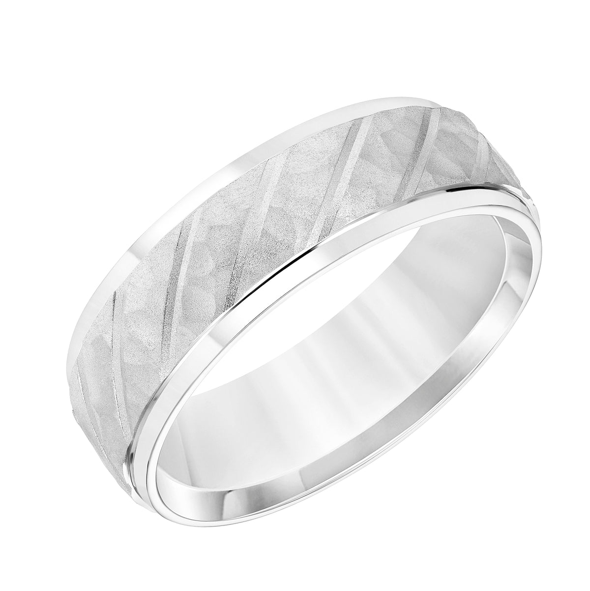 7MM Wedding Band with Hammered Finish Diagonal Cuts and Bright Finished Edges Please note hand hammered styles will have slight variations due to the nature of the manufacturing process