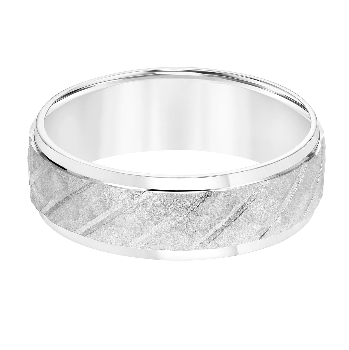 7MM Wedding Band with Hammered Finish Diagonal Cuts and Bright Finished Edges Please note hand hammered styles will have slight variations due to the nature of the manufacturing process