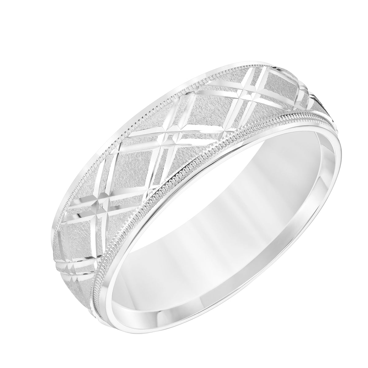 7MM Wedding Band with Swiss Cut Pattern, Milgrain Detail and Bright Finished Edges