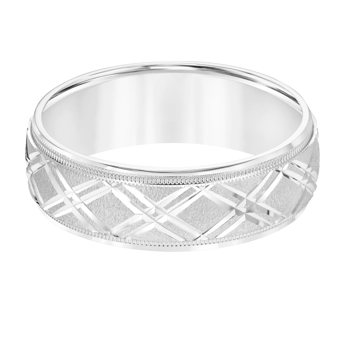 7MM Wedding Band with Swiss Cut Pattern, Milgrain Detail and Bright Finished Edges