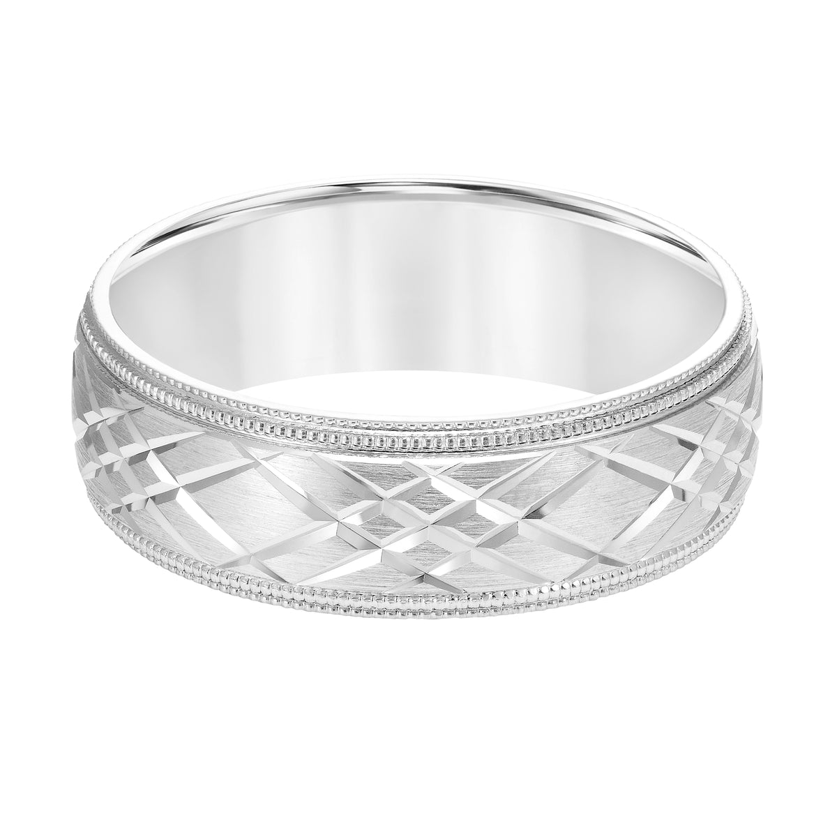 7MM Wedding Band with Swiss Cut Pattern, Double Edge Milgrain and Bright Finished Edges