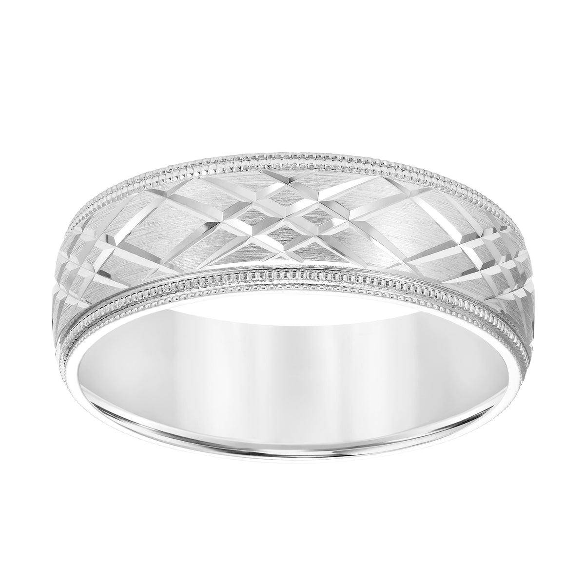 7MM Wedding Band with Swiss Cut Pattern, Double Edge Milgrain and Bright Finished Edges