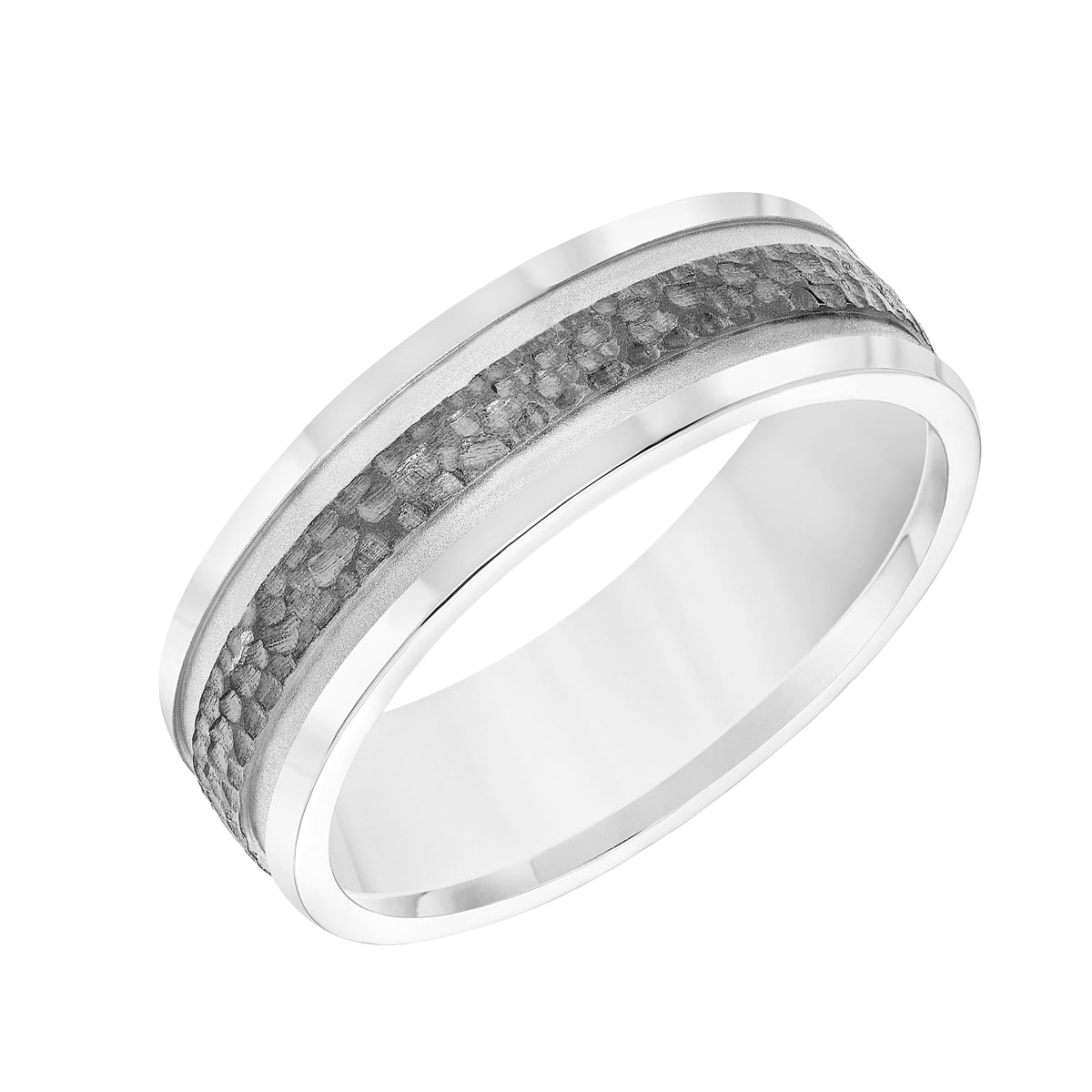 Ladie's Band with Soft Sand Center Finish with Black Rhodium Textured Center Strip and Flat Edge