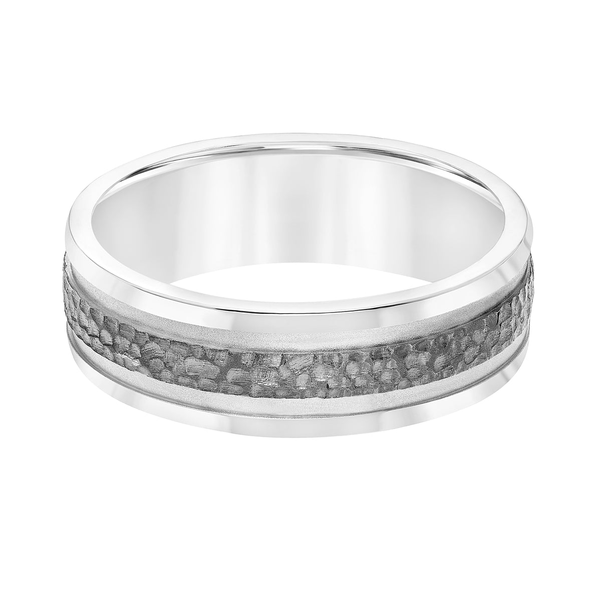 Men's Band with Soft Sand Center Finish with Black Rhodium Textured Center Strip and Flat Edge
