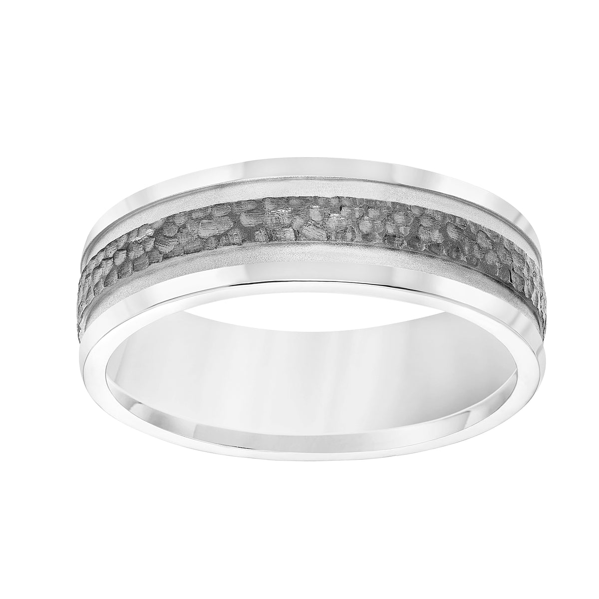 Men's Band with Soft Sand Center Finish with Black Rhodium Textured Center Strip and Flat Edge