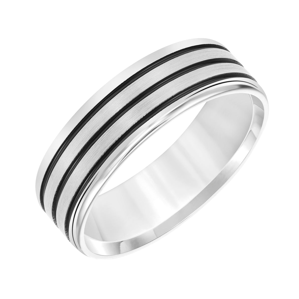 Mens Comfort Fit Wedding Band with Brushed Finish and Black Epoxy Center Stripes and Polished Round Edge