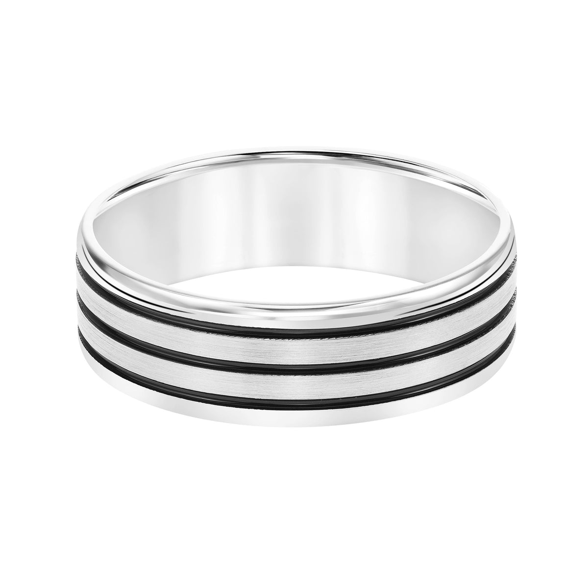 Mens Comfort Fit Wedding Band with Brushed Finish and Black Epoxy Center Stripes and Polished Round Edge